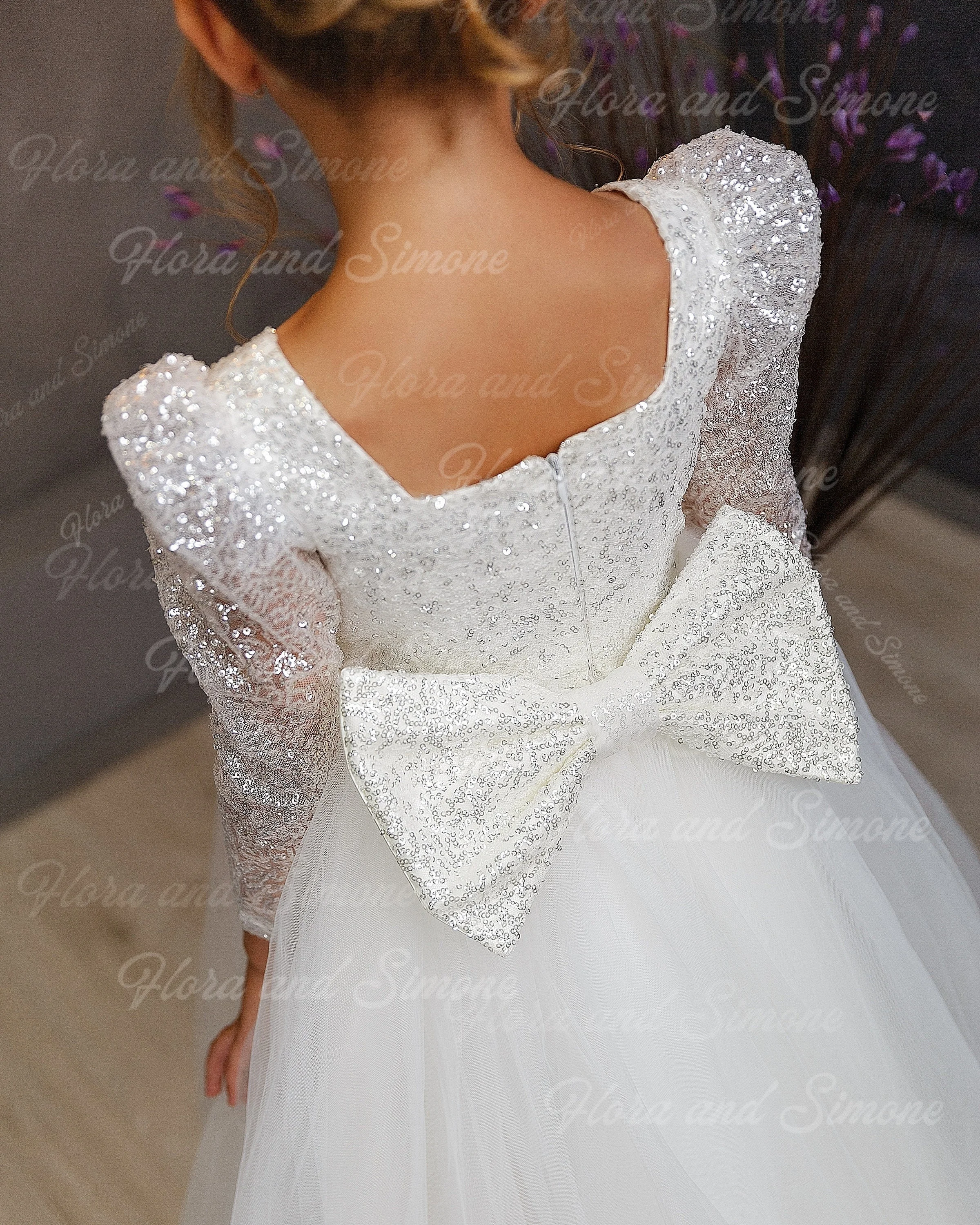 Robe de princesse élégante et brillante, manches longues, avec nœud, à fleurs, pour cérémonie de mariage, cadeau d'anniversaire, célébration de noël