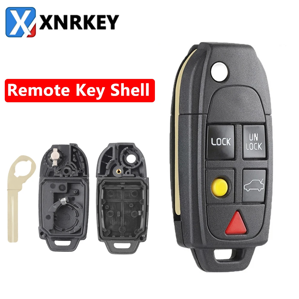 

XNRKEY 4+1 5 Button Flip Remote Car Key Shell Fob for Volvo S4 S60 S80 V70 XC70 XC90 C30 V50 2003-2014 Replacement Key Case