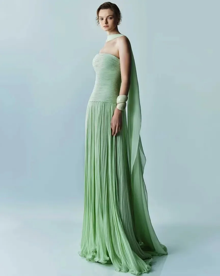 

Customized Casual Chiffon Pleat Draped A-line Strapless Long Dresses Bespoke Occasion Dresses Simple Fashion Exquisite Matching