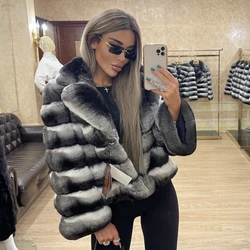 Women's Natural Fur Coat Short Winter Coats Ladies Long Chinchilla Jacket Real Rex Rabbit Fur Luxury Brand Contrast