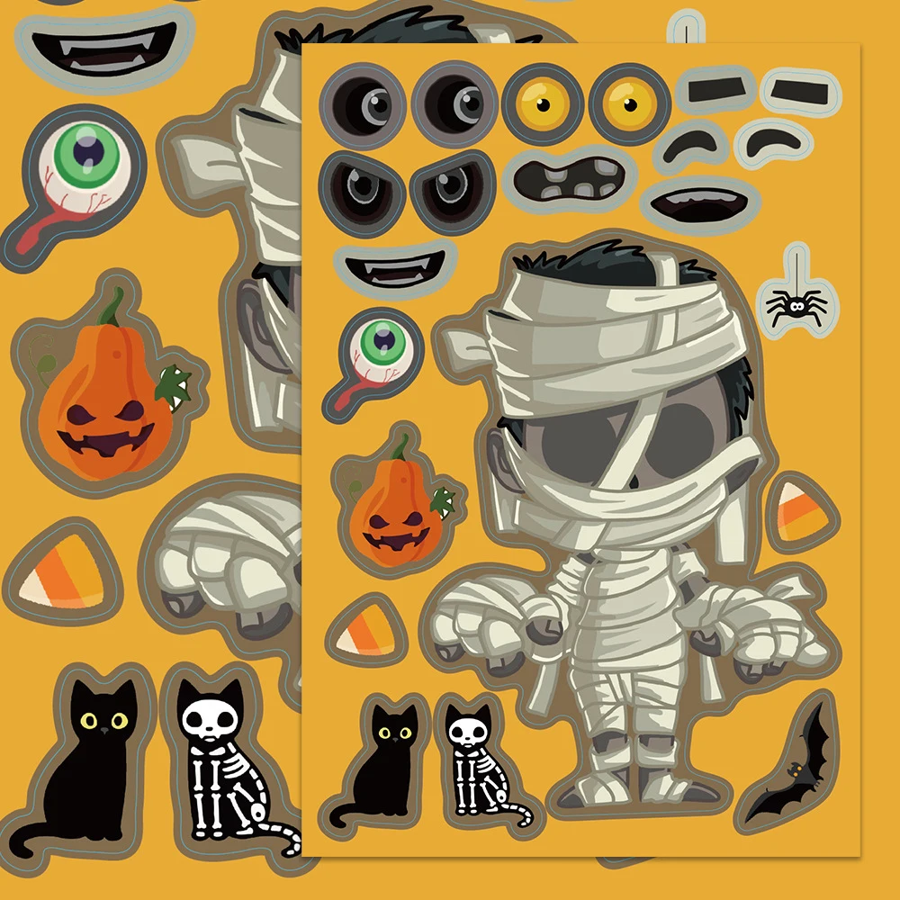 8/16 Blatt Halloween-Kürbis-Geist-Puzzle-Aufkleber zum Basteln für Kinder, zum Basteln eines Gesichts, Hexen-Montagepuzzle-Aufkleber, Partybevorzugung, DIY-Spielzeug