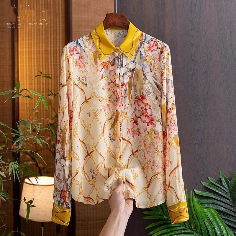 Vintage damesblouses bedrukte casual shirts mode losse zomer Koreaanse kleding lange mouwen satijnen damestops