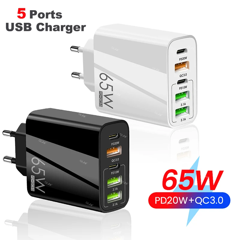 65W Usb C Phone Charger Fast Charging Qc3.0 Pd 3Usb Type C Multi-Port Adapter For Iphone 13 12 Xiaomi Huawei Ipad Tablet New