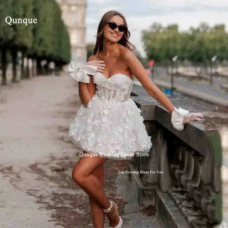 

Qunque Short Tulle Wedding Dress Party Dresses A-line Strapless Mini Floral Lace Bridal Gown Sweetheart Collar Vestido De Novia