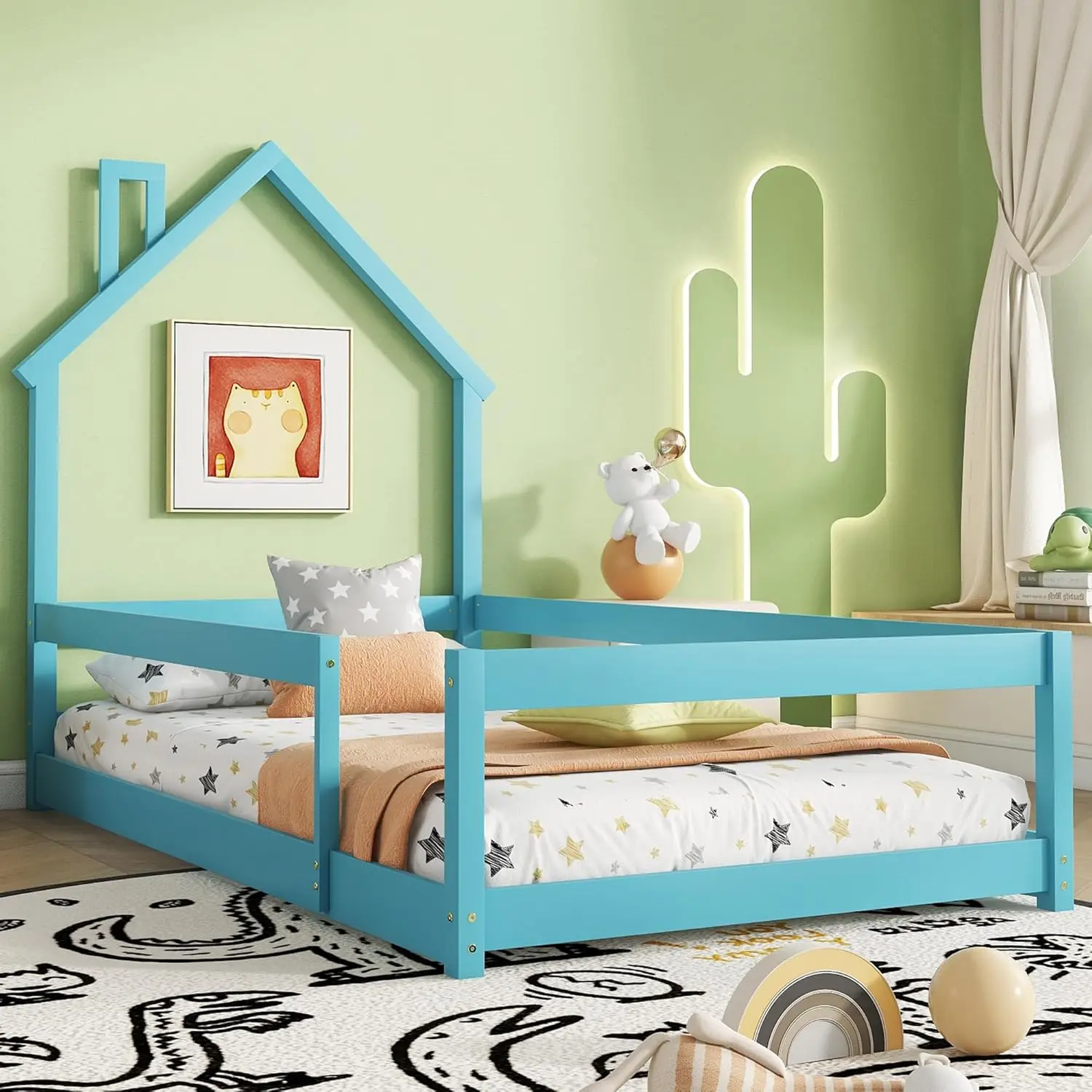 

Floor Bed With Rails, Twin Size Montessori Bed With House Shape Headboard And Fence, Wood Floor Bed Frame For Kids Boys Girls,