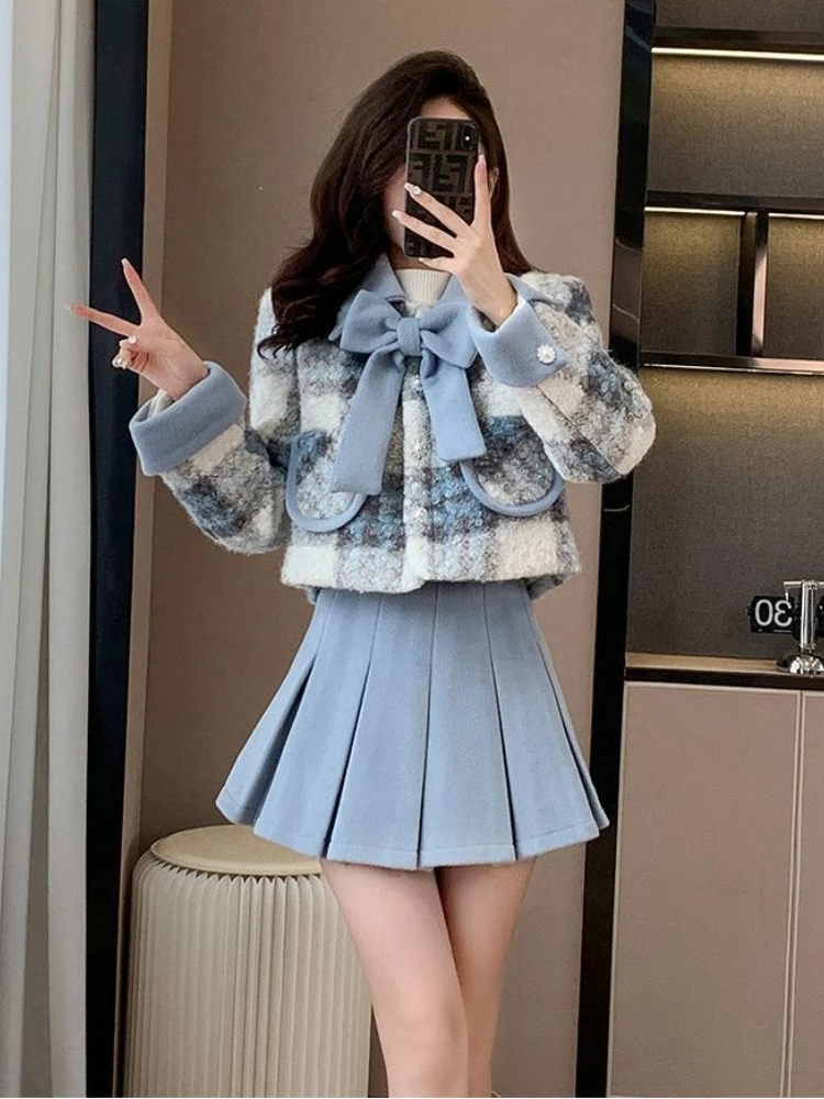 

Осень-зима, новые комплекты, женские модные теплые синие украшения с бантом, пальто + плиссированная полуюбка, элегантный теплый толстый комплект из двух предметов