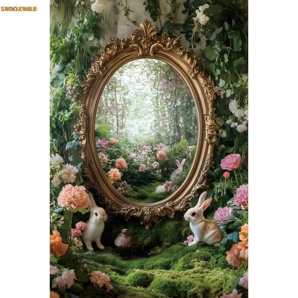 Sfondo fotografico di Pasqua primaverile Fiori Prateria Conigli Ritratto di bambini Decorazioni per feste di compleanno Sfondo per servizio fotografico Photobooth