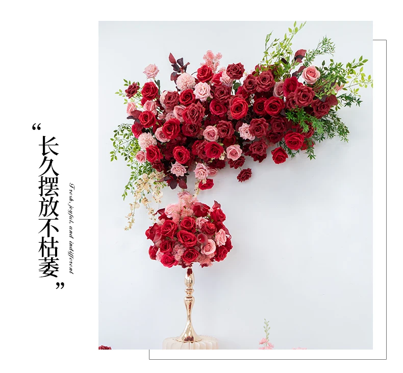 Rote und rosa Rosen, künstliche Blumenarrangements, Hochzeitstisch-Mittelstück, Blumenball für Outdoor-Rasenzeremonien, Party-Hintergrunddekoration – Detail 2