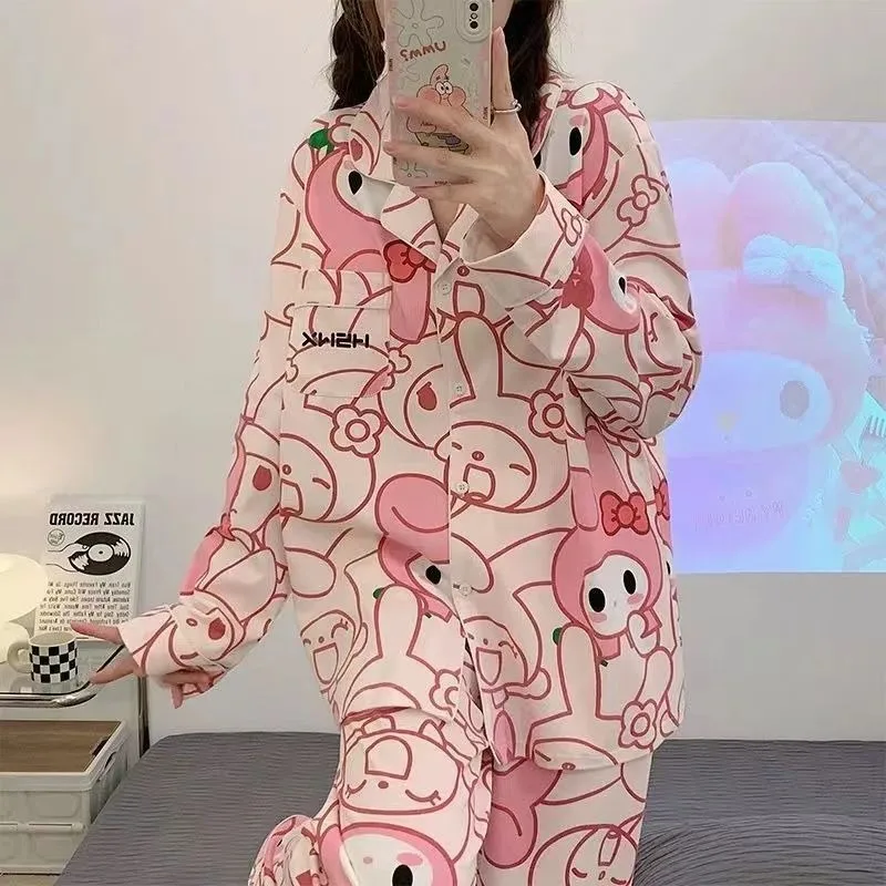 ins cartoon Melody pajamas Sanrio pajamas long-sleeved printing set loose and comfortable loungewear cute Melody loungewear