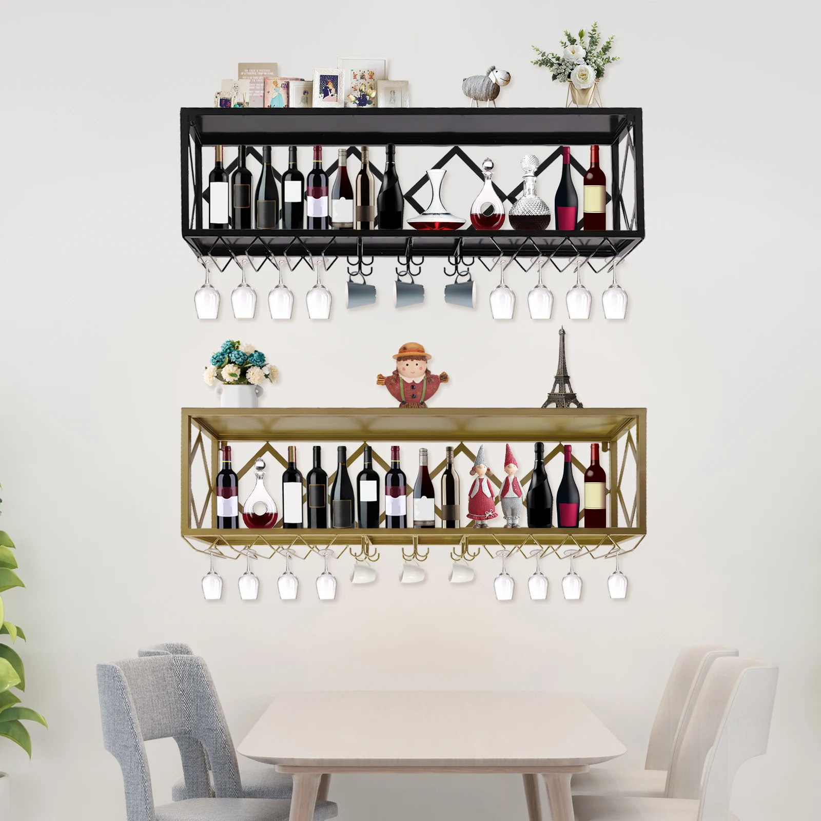 

Modern Wall-Mounted Wine Rack, Double-Layer, Holds 24 Glasses & 12 Cups, Artistic, Strong Load-Bearing