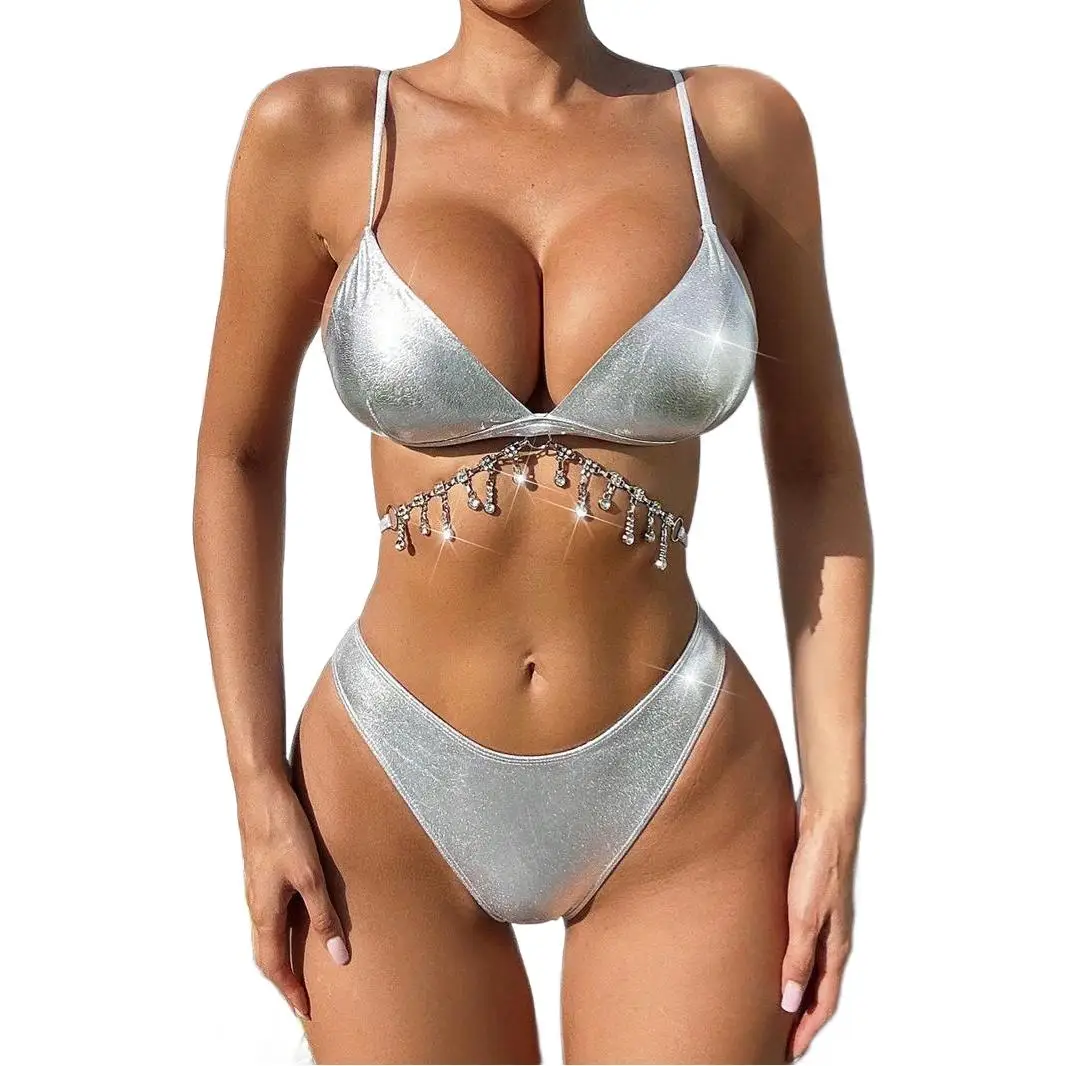 Luxury Crystal-Embellished Bikini Set Designer High-Shine Two-Piece Deep Backless Swimsuit Adjustable Ties Summer Straps Sets