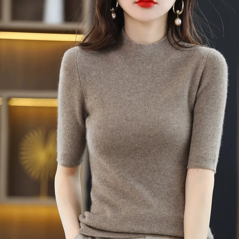 

New f-High Collar Color Knitted ort Sve Women's Slim Fit Five-Quarter Sve T-irt Top Overhead Base Sweater