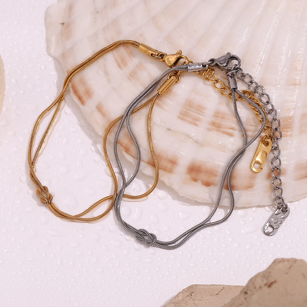 E. b. belle stilvolle minimalist ische Doppels ch ichten dünne runde Schlangen kette geknotet Edelstahl Armband Frauen wasserdichten Schmuck