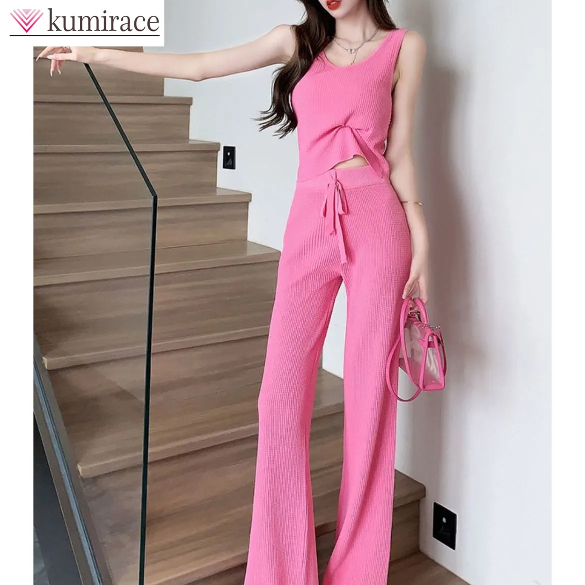 Knitted Vest Casual Sports Suit for Spring and Summer New Korean Version High and Slim Wide Leg Pants Two-piece Set