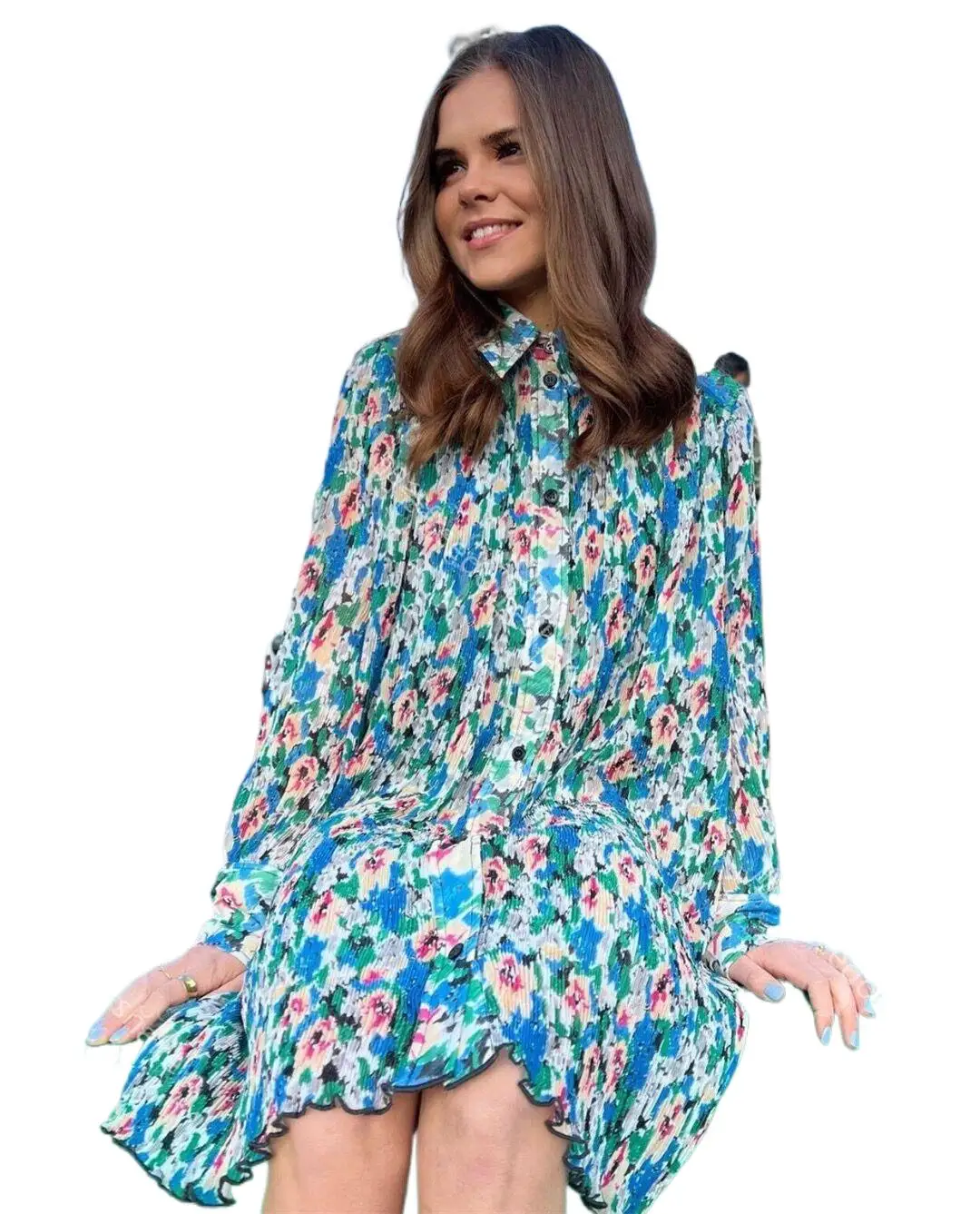 Camisa elegante francesa plisada vestido de manga larga nueva moda Primavera Verano 2023 vestido con estampado de flores azules vestido de fiesta S-3XL