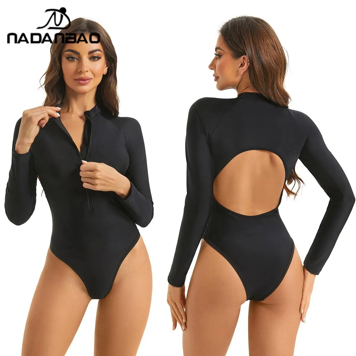 

Long Sleeve Swimsuit Women One Piece Backless Hollow Out Slim Bodysuit High Waist Rash Guard Bathing Suit Beachwear Swimsuit