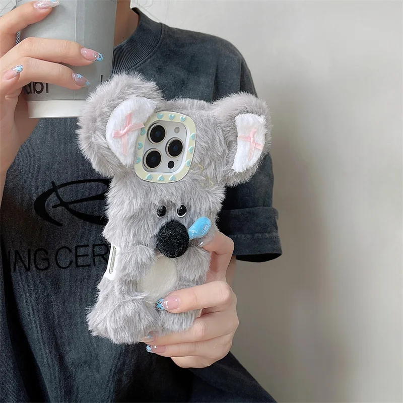 Cartoon koala Fluffy Fuzzy Plush Fur Case For iphone 16 pro max warm Cute Soft Phone cover for iphone 15 14 13 pro max 14P 15pro