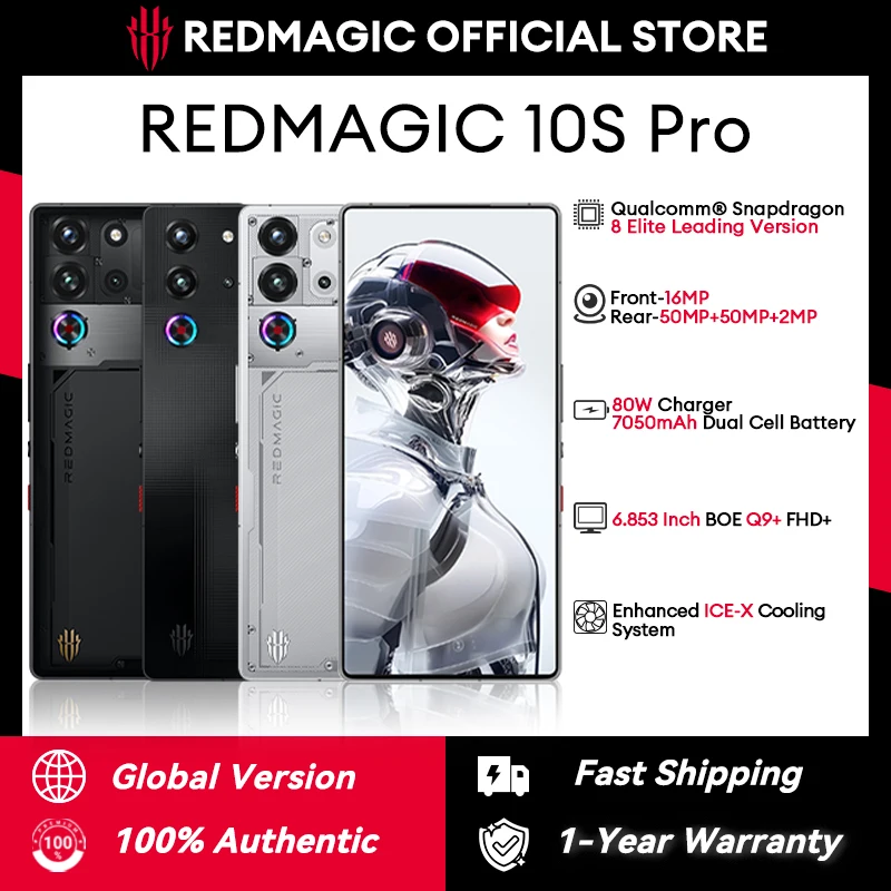الإصدار العالمي Redmagic 10S Pro NX789J Snapdragon 8 Elite الإصدار الرائد 6.853 "Q9+ 144 هرتز AMOLED 50*2+2+16MP 7050mAh 80W NFC