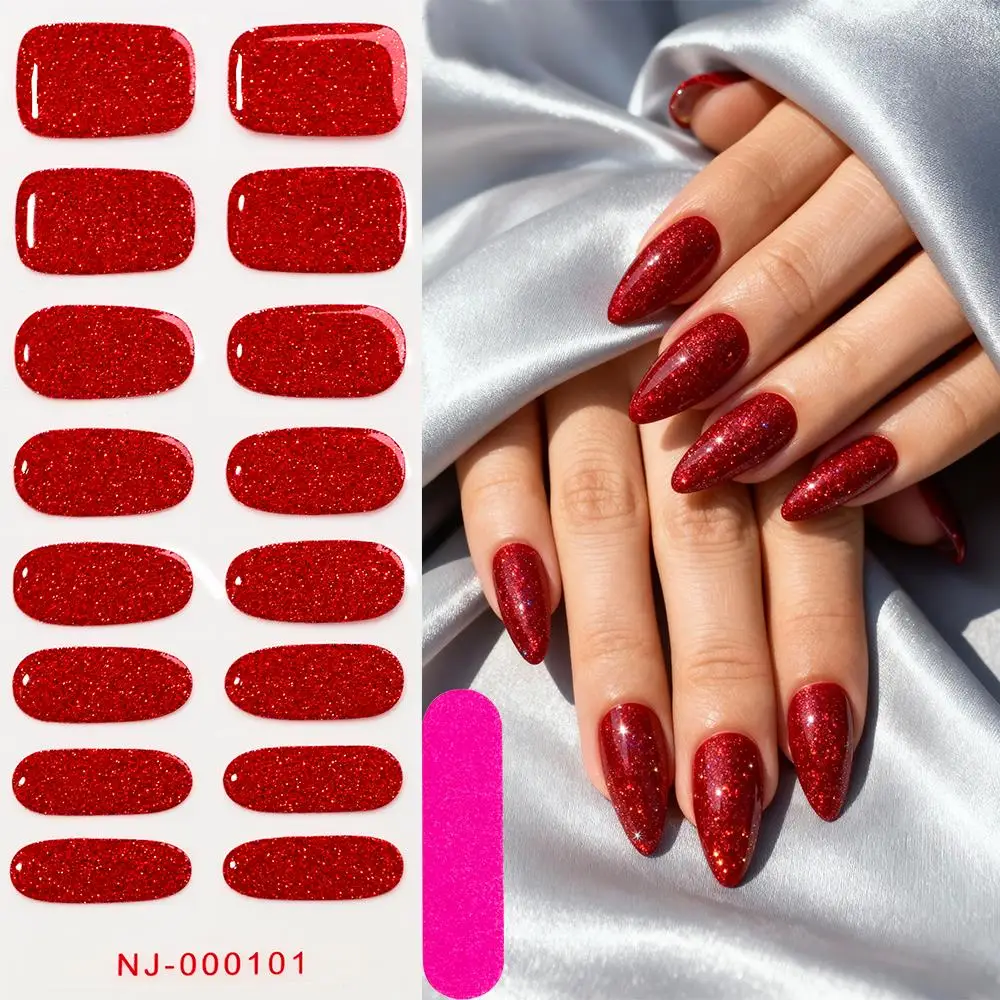 16Tips Christmas Red Glitter Gel Nail Stickers Semi-Cured UV/LED Nail Strips Full Cover Adhesive Nail Polish Wraps+1pc Nail File