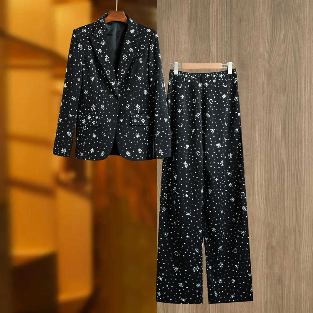 

Heavy-duty rhinestone starry sky trousers mid-length wide-leg suit trousers rhinestone high-quality two-piece set ensemble femme