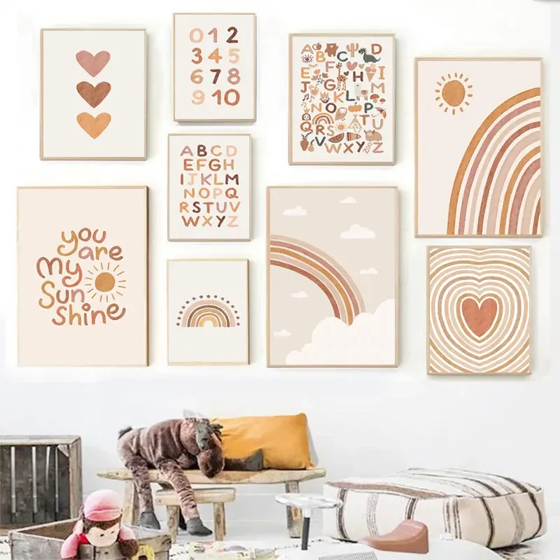 Nursery Wall Posters Sun Rainbow Canvas Painting Alphabet Number Poster and Print Nordic Wall Art Pictures for Kids Room Decor