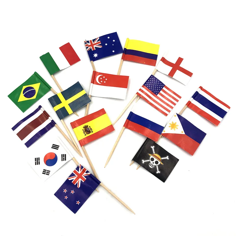 100pcs Paper Flag Toothpick Disposable Fruit Pick Cake Cocktail Decorated with Multi-national Flag Flower Wine Stick