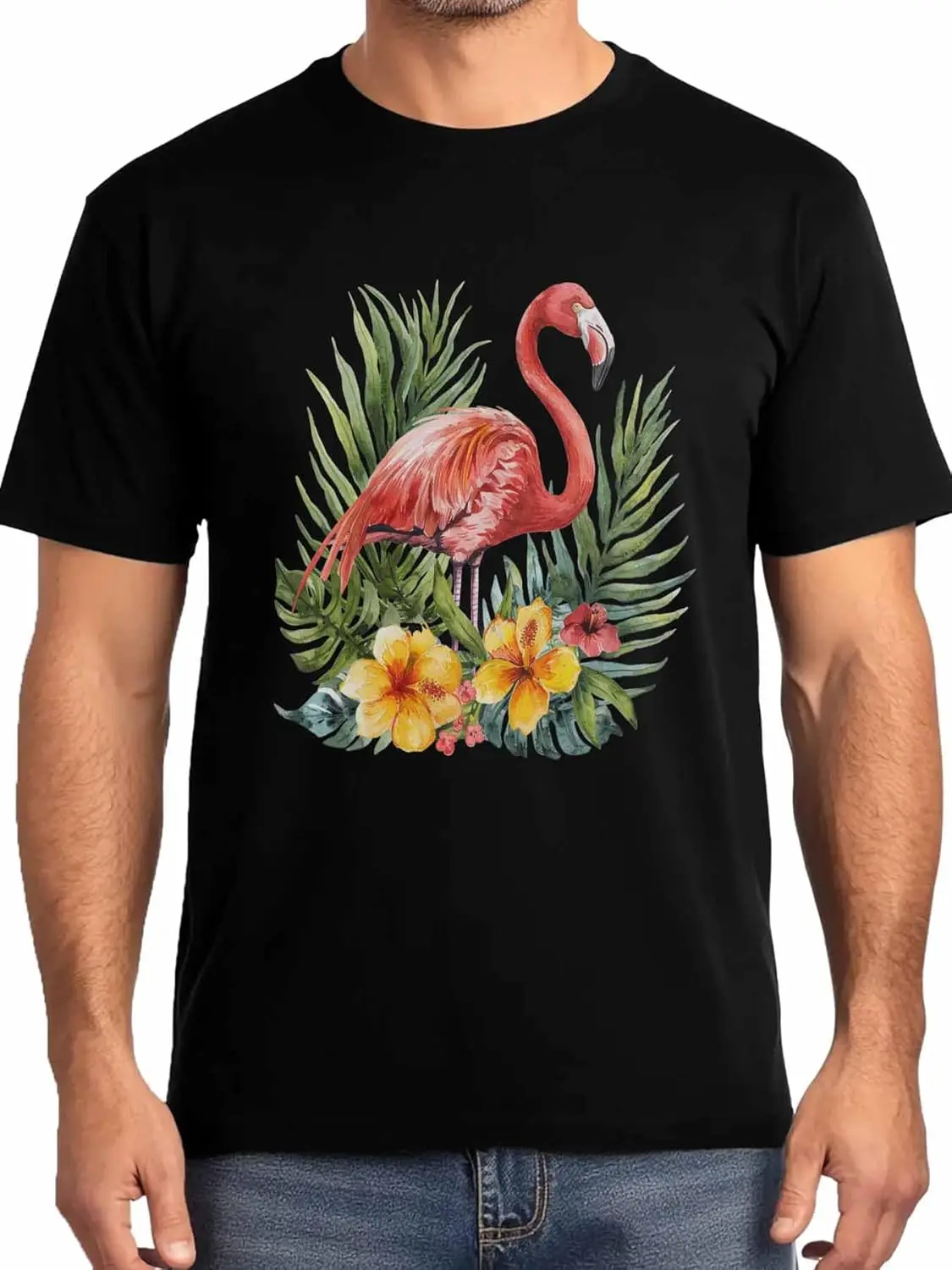 

Summer Flamingos Flower Leaf Mens T-Shirts,Short Sleeve T Shirts for Men Crew Neck Tee Tropical Men's T-Shirts