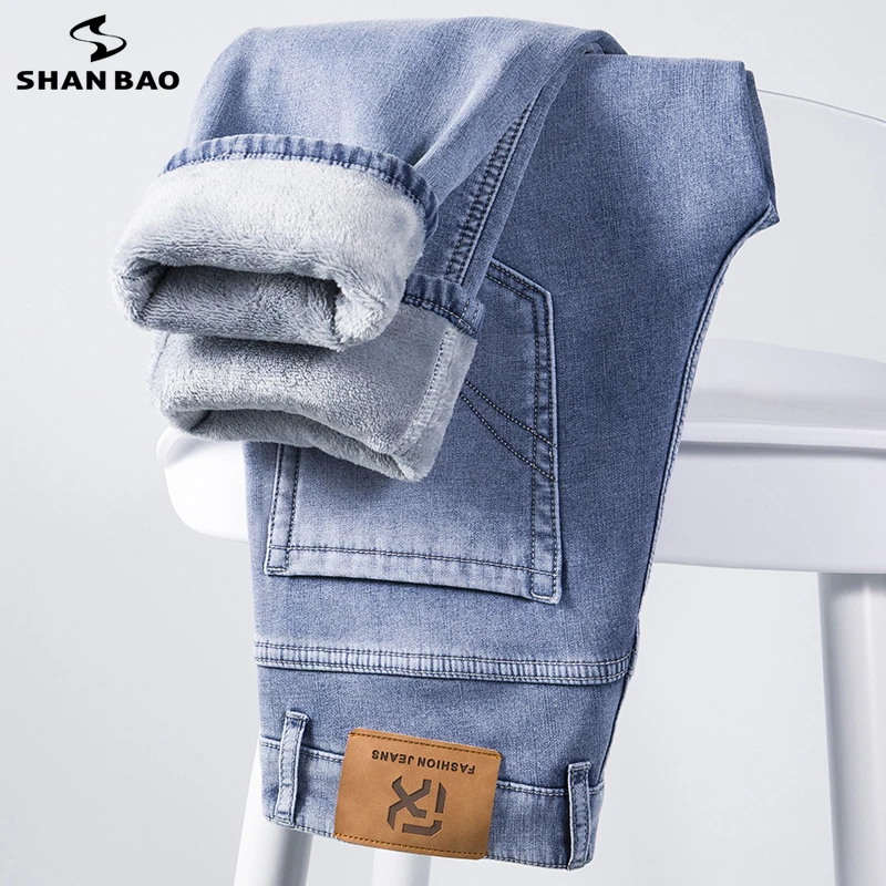 SHAN BAO Polar Kalın Sıcak Kış Marka Fit Düz Kot Klasik Iş Rahat Trend Moda erkek Ince Streç Denim Kot