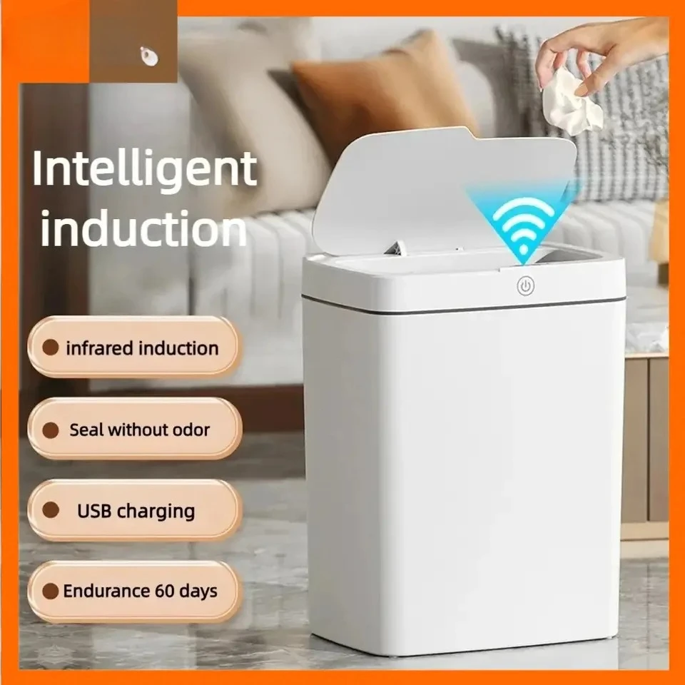 Touch-free smart open-lid trash can, automatic packaging smart trash can, bathroom crack garbage storage can