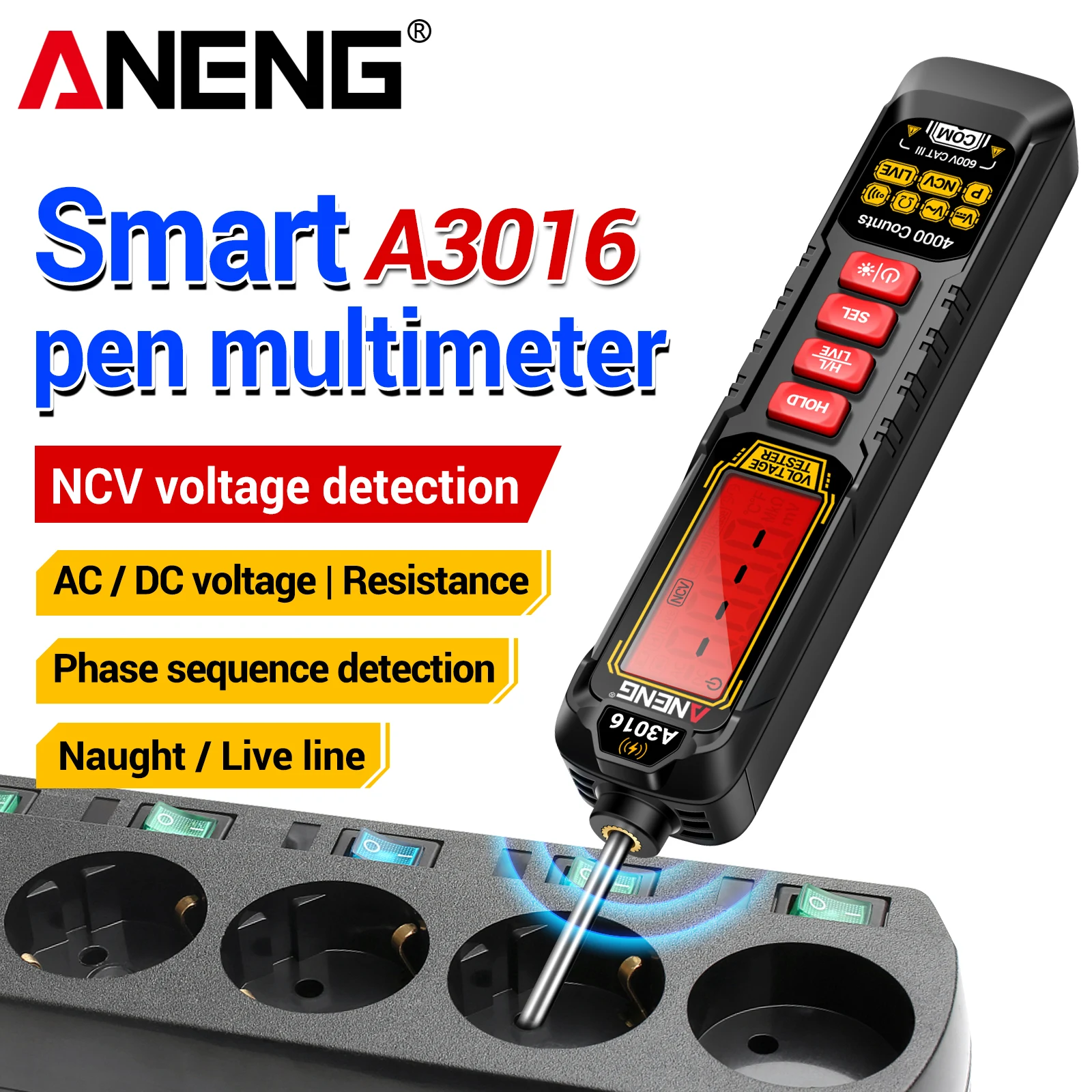 Multímetro Digital ANENG A3016 Tipo Caneta 4000 Contagens 600V AC/DC Testador de Tensão NCV Detector de Fio Vivo e Sequência de Fases com Lanterna