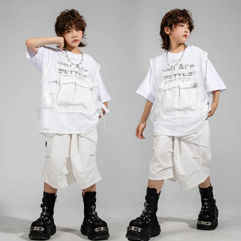 Kids Hip Hop Set White Net Vest T-shirt Street Dance Shorts Girls K-pop Streetwear Boys Jazz Costume Child Teens Clothes