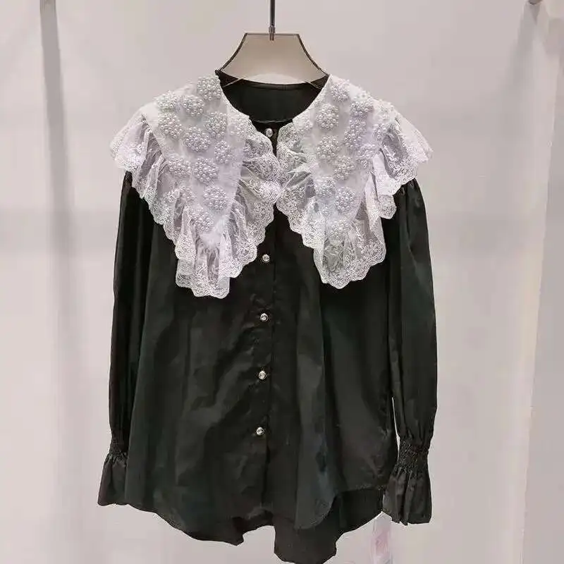 

New In Pearls Beads Embroidery White Cotton Blouses And Shirts Women's Blusas Para Mujer Women Clothing Korean Popular Top