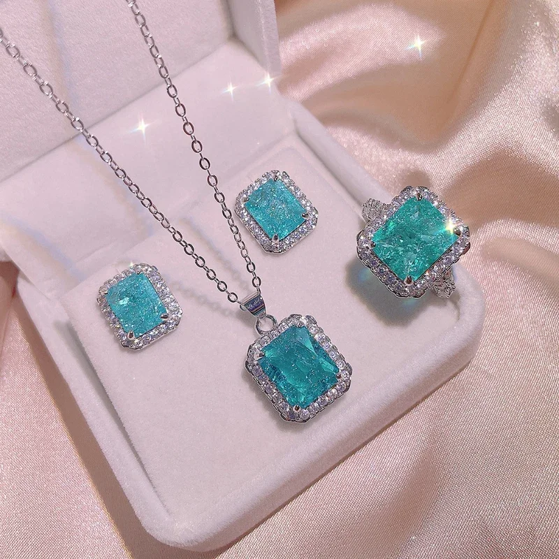 Set di gioielli Paraiba in argento sterling 925 Delicati orecchini quadrati blu-verdi di lusso alla moda per le donne Collana Anello