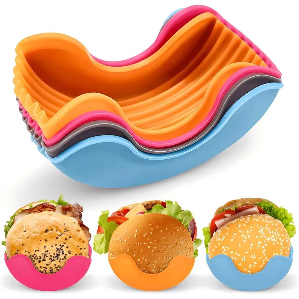 

4pcs Retractable Silicone Hamburger Holders Hamburger Fixed Box Sandwich Burger Clip Rack Washable French Fry Hamburger Sauce
