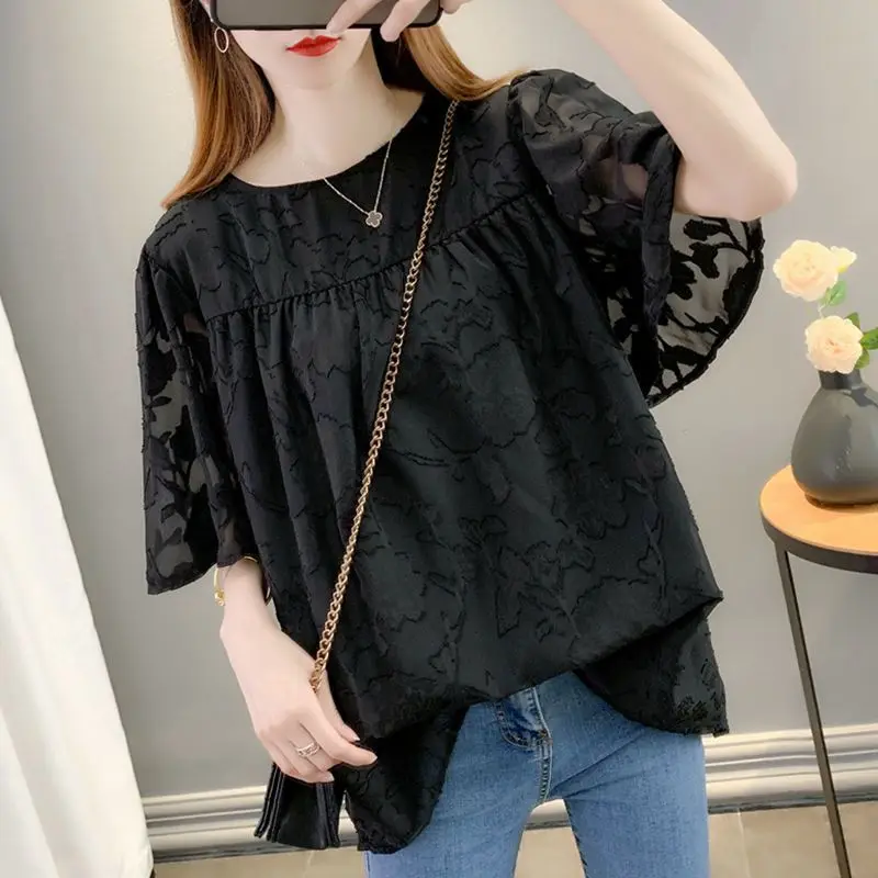 

Sweet Fashion Spring New Women's O-Neck Solid Lace Patchwork Simplicity Versatile Elegant Loose Short Sleeve Chiffon Shirt Tops