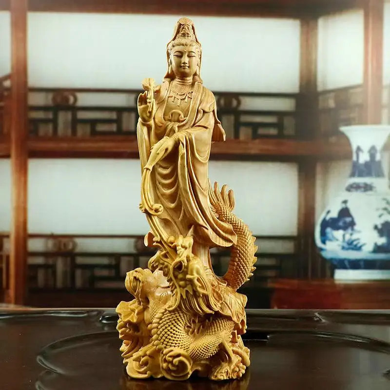 

Natural Wood Dragon Guanyin Buddha Statue, Traditional Hand-carved Chinese Buddhist Figures Home Living Room Feng Shui Statue