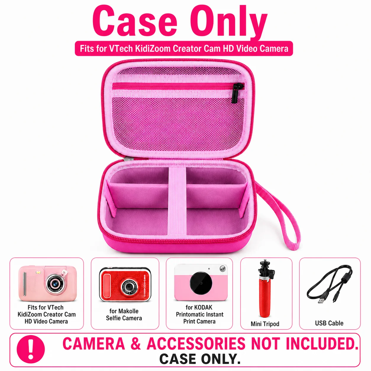 Pink Kids Camera Case Hard EVA Storage Box with Mesh Pocket Divider Wrist Strap for Digital Cameras Tripod Accessories Case Only