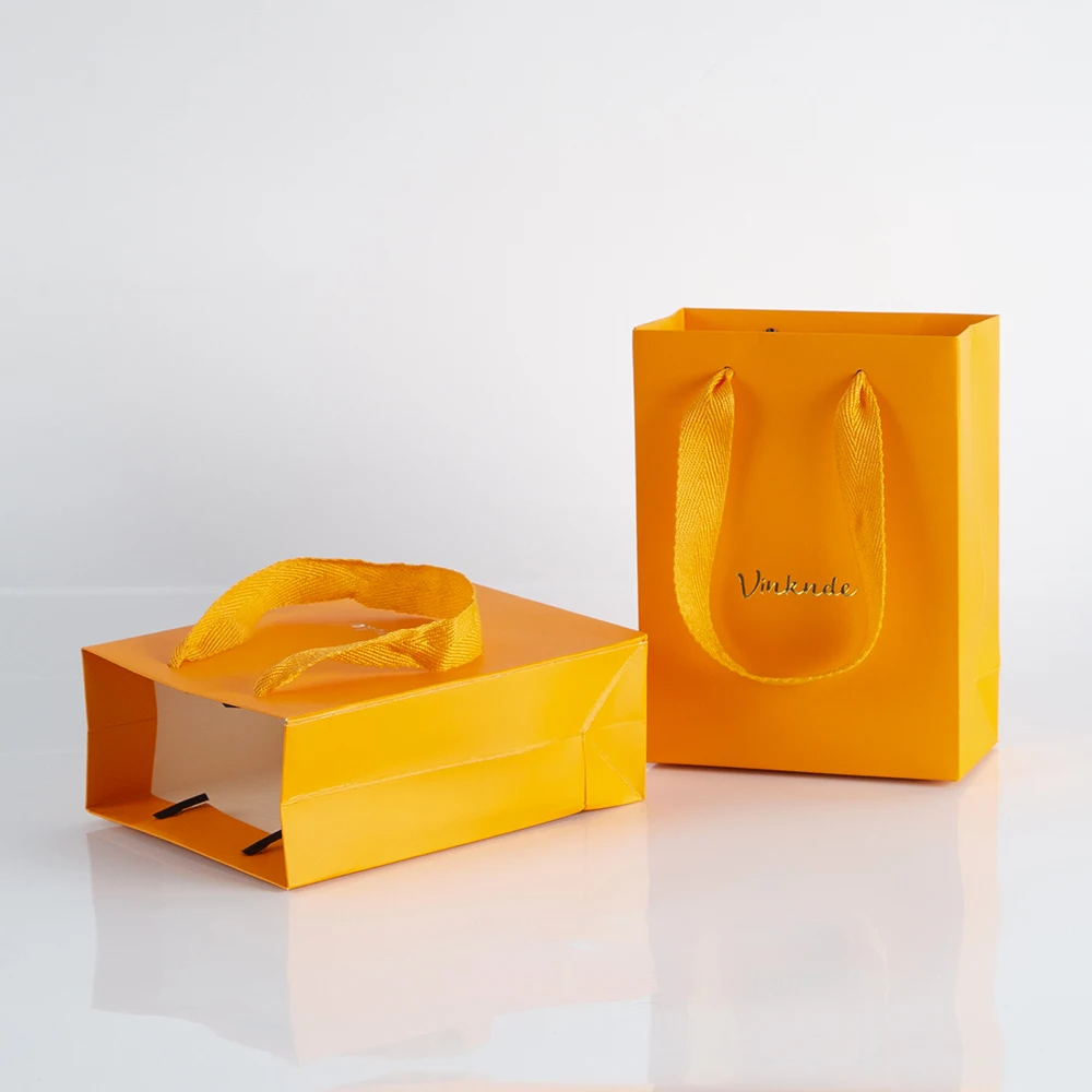 100pcs Paper Gift Bags Orange Paper Bags with Handles Custom Logo12x6x16cm Small Sizes Gift Tote Bags Shopping Party Favor Bags