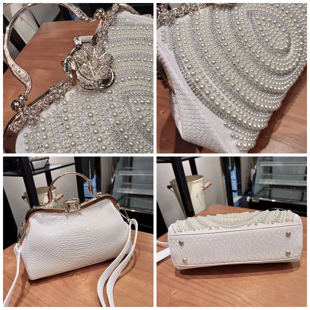 Luxury Fashion Diamonds Women\'s Handbags Lady Genuine Leather Pearl Clip Bag Female Crossbody Shoulder Party Evening Bags