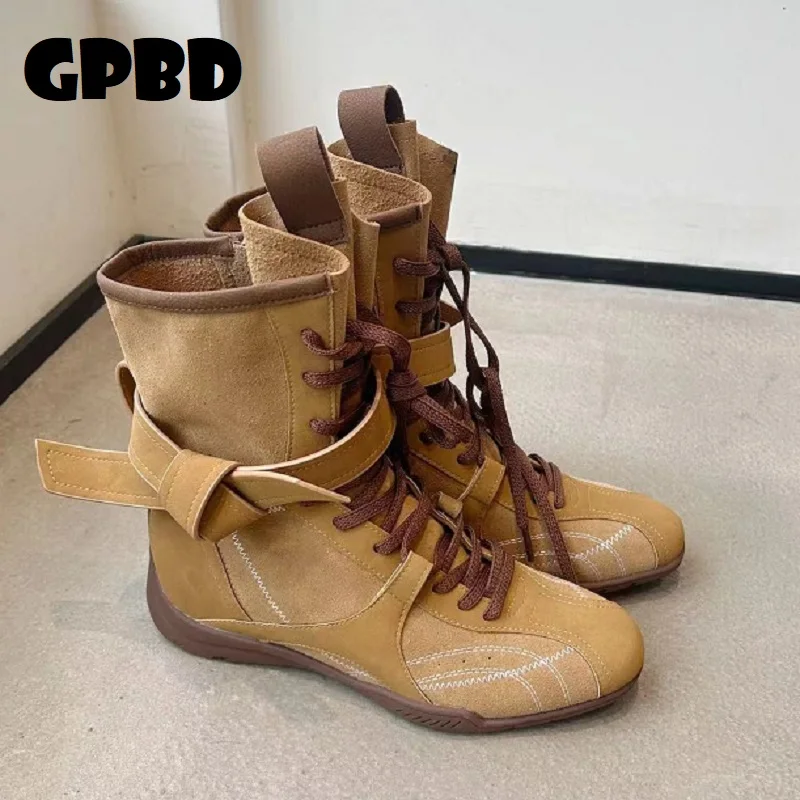 

GPBD Retro High-Heeled Boxing Boots for Women in Brown Sandpaper Leather with Round Tops and Laces, Fall 2025, Sewn Seam Design