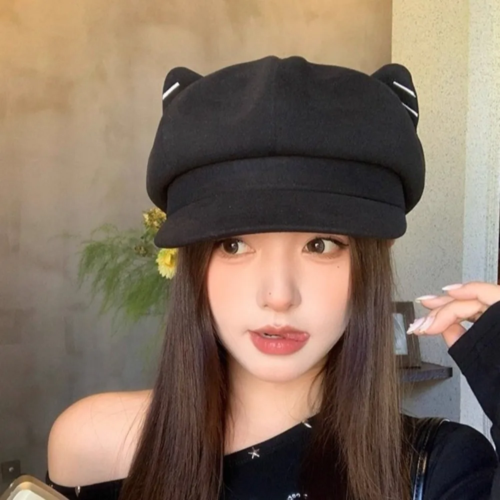 

Newsboy Hat Solid Color Cat Ear Hat Y2K Japanese Style British Beret Hat Adjustment Woolen Octagonal Cap Autumn Winter