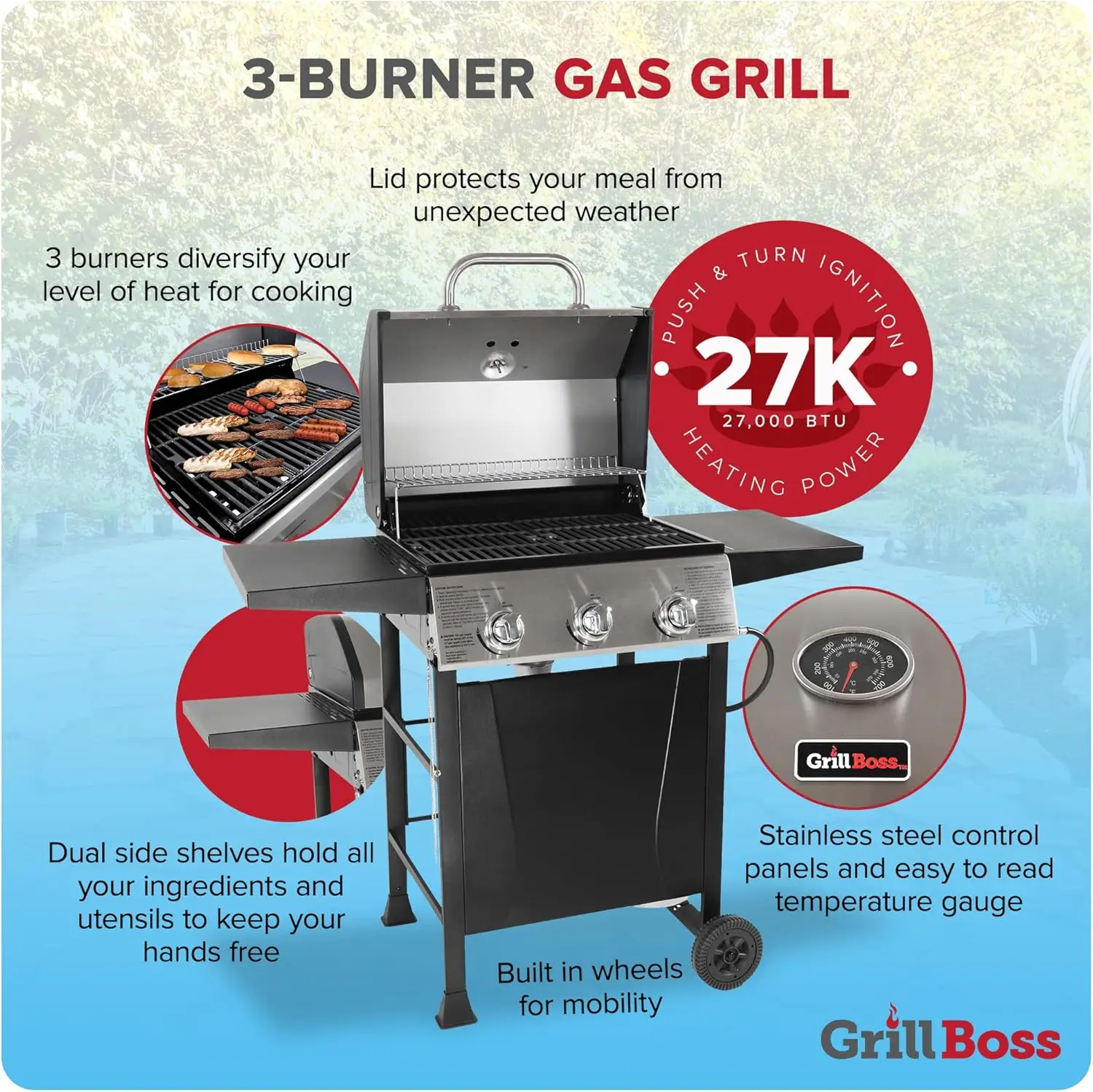 Grill Boss Outdoor Barbeque 3 Burner Propane Gas Grill for Barbecue Cooking with Top Cover Lid, Wheels, and Side Storage Shelves