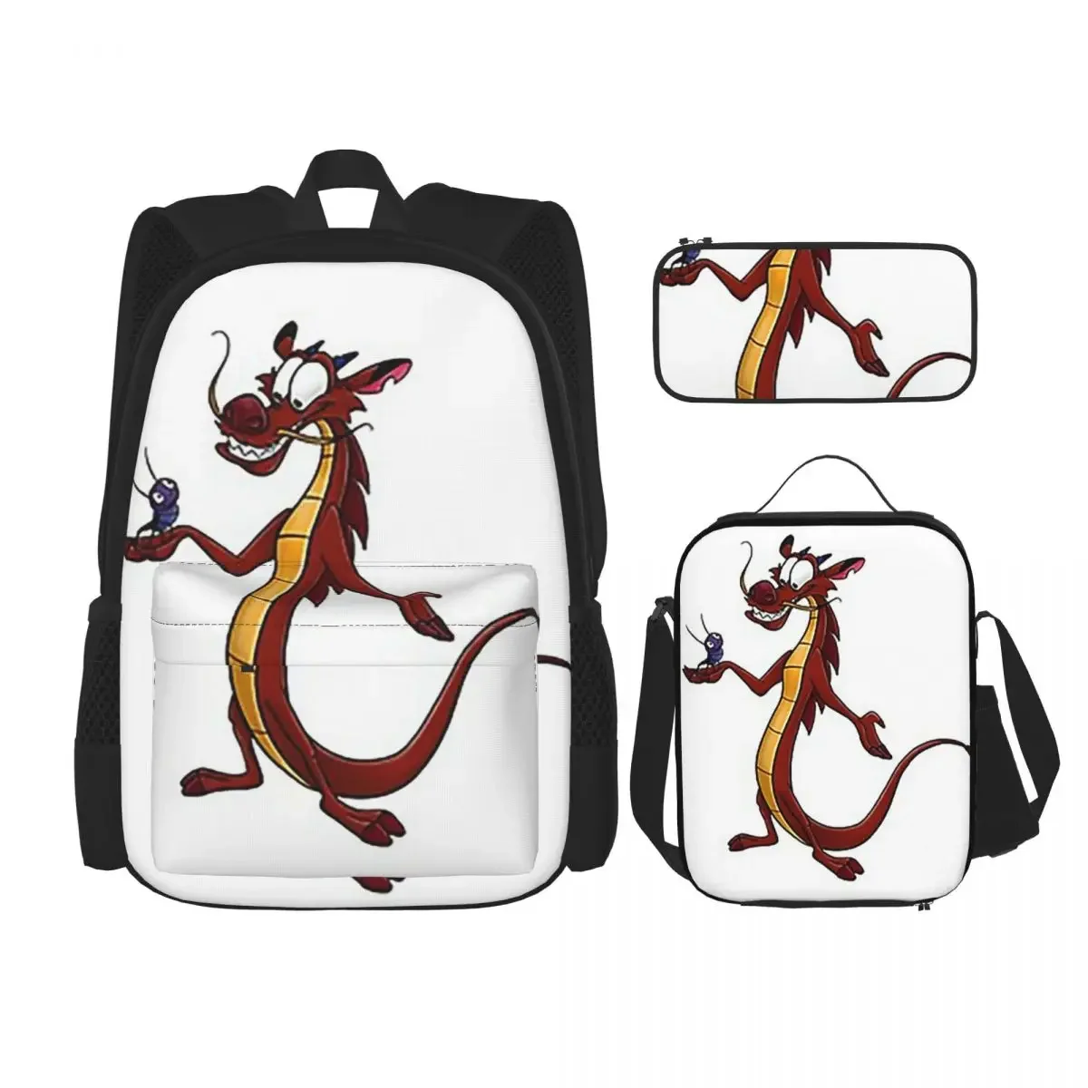 Mushu From Mulan Backpacks Boys Girls Bookbag Children School Bags Cartoon Kids Rucksack Lunch Bag Pen Bag Three-Piece Set