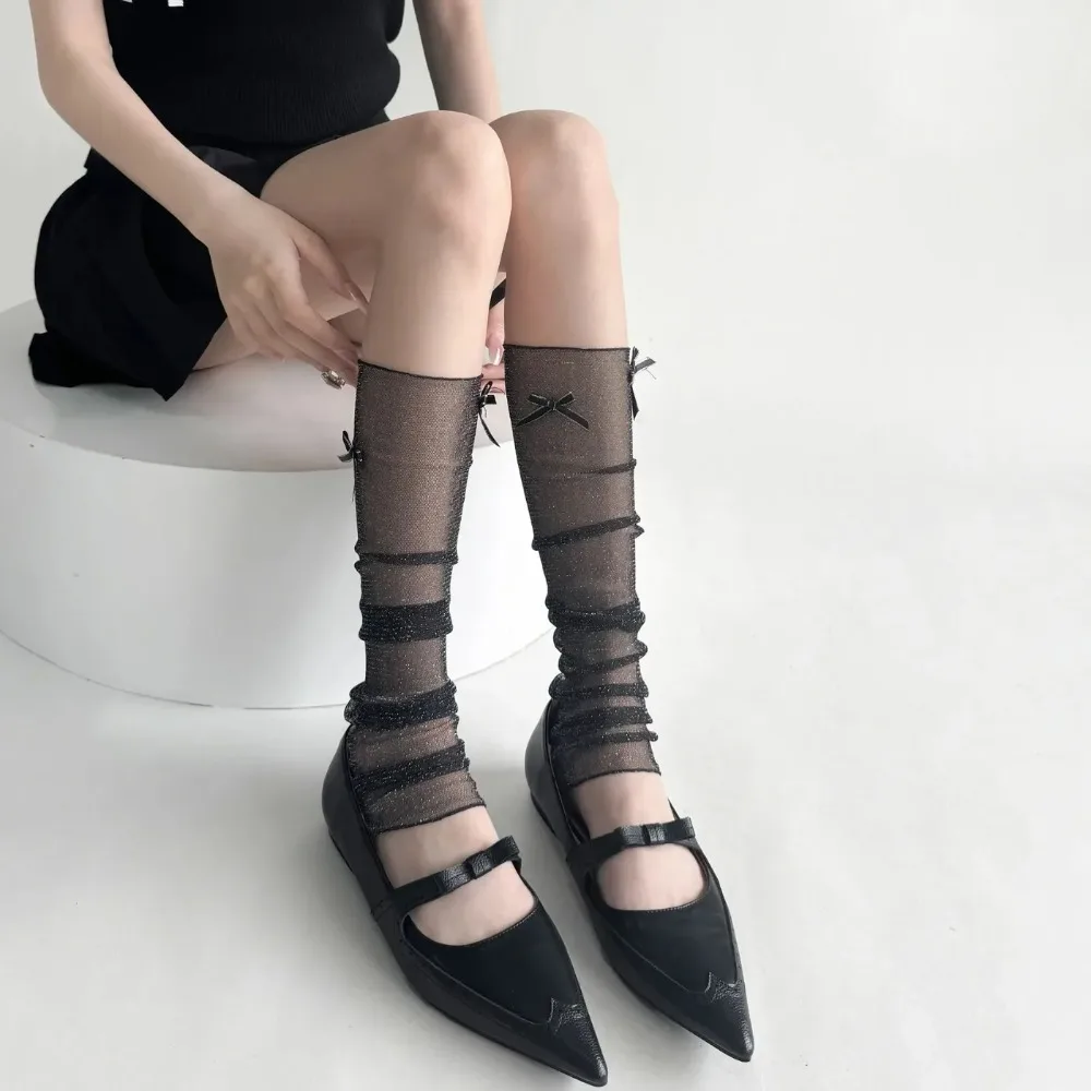 Bow Mesh Leg Warmers Cute Socks Stockings See Through Transparent Silk Socks Girls Legs Warmers Sun Protection Arm Sleeves Black