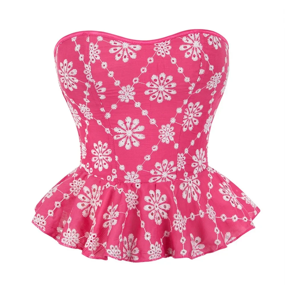

Women Victorian Overbust Corset Top Sexy Rose Pink Bustiers with Hemline Wavy Vintage Gothic Lace-Up Plus Size Lingerie Corselet