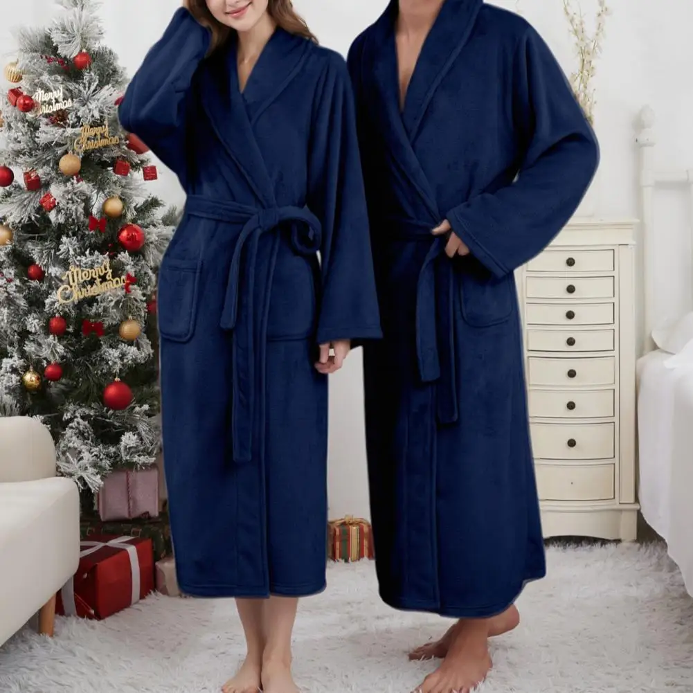 

Flannel Bathrobe for Women Men Lapel Long Sleeve Soft Long Bathrobe Couple Loungewear Bathrobe with Pockets Waist Tie Nightwear