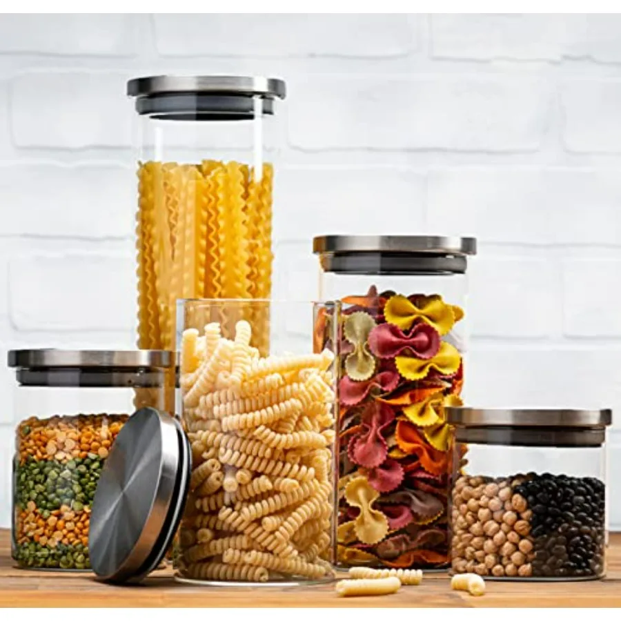 

Set of 5 Glass Kitchen Canisters with Airtight StainlessSteel Lid Dishwasher Safe Storage Jars for Kitchen Bathroom Pantry Orga