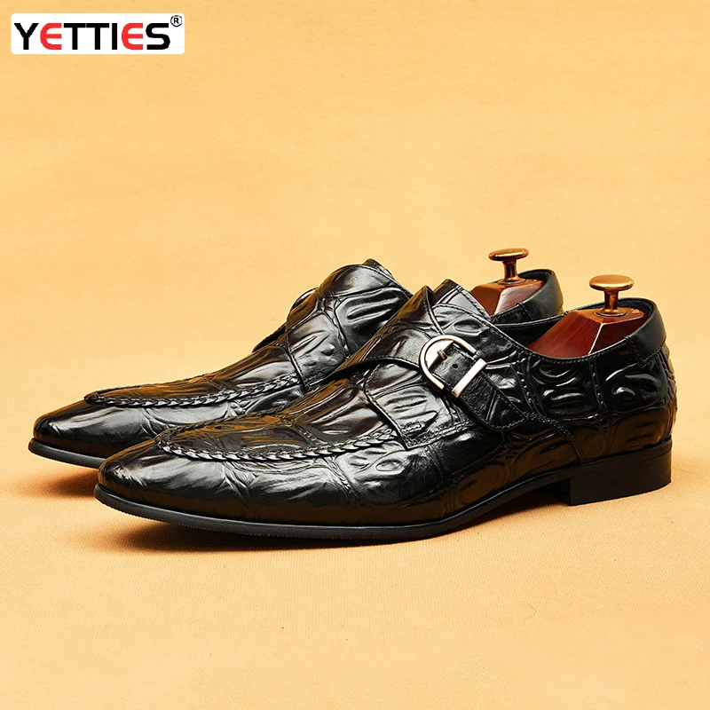 Men's Genuine Leather Mengke Buckle Dress Men's Shoes Vintage Men's Loafers Business Casual Shoes Crocodile Print Leather Shoes