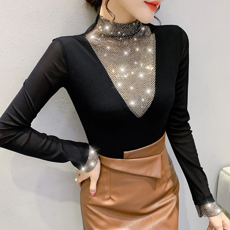 

Luxury Black T-shirt Long Sleeve Autumn Winter Coat Shiny Diamond Sexy Slim Tops Turtleneck Tees Design Women's Clothing Trend