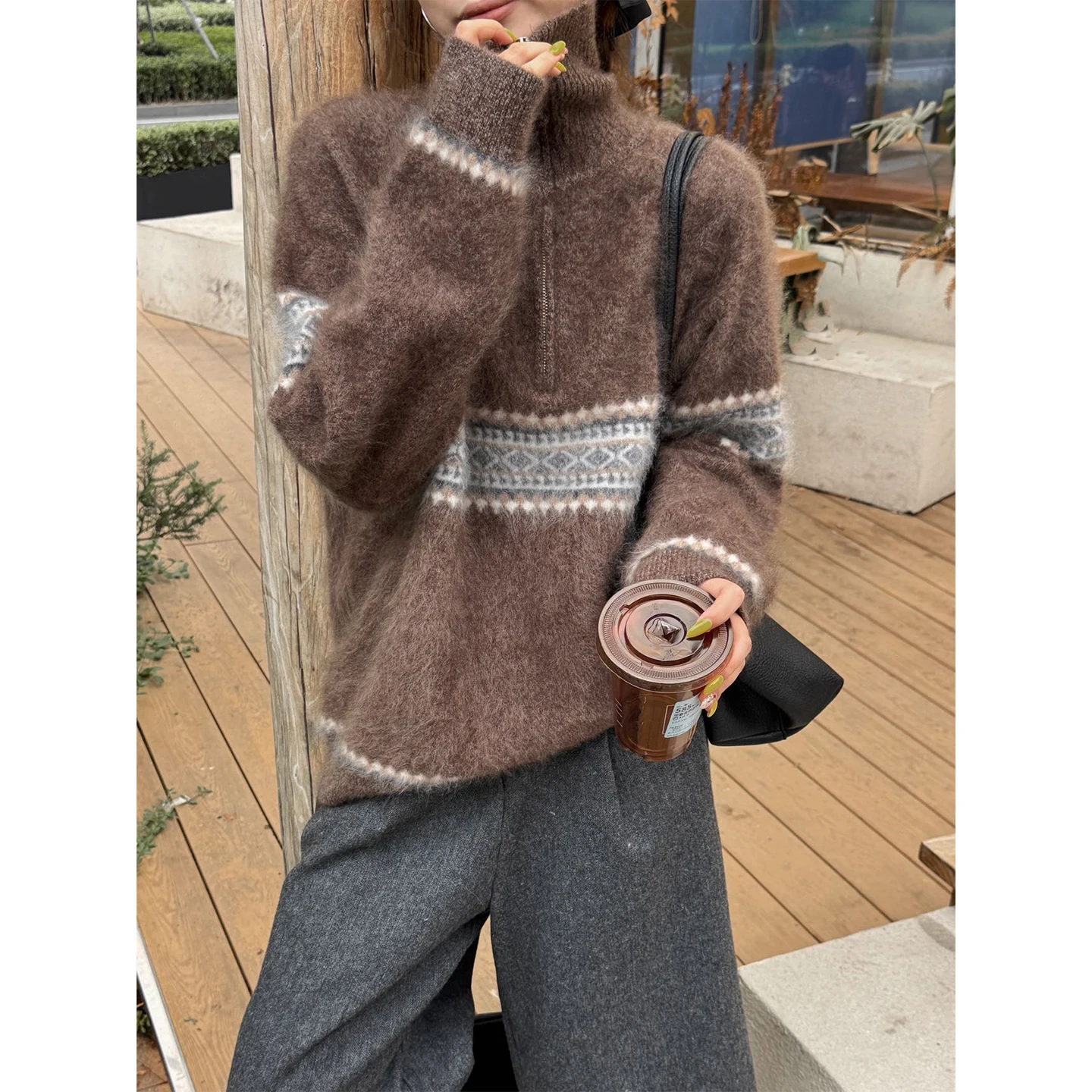 Fall/Winter New Knitted turtle neck Wool Women's Long Sleeve Jacquard Pullover with Color Matching Base Pure Sweater